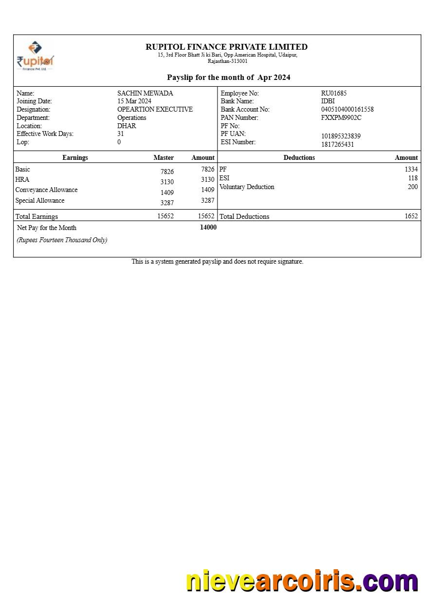 Rupitol Finance payslip